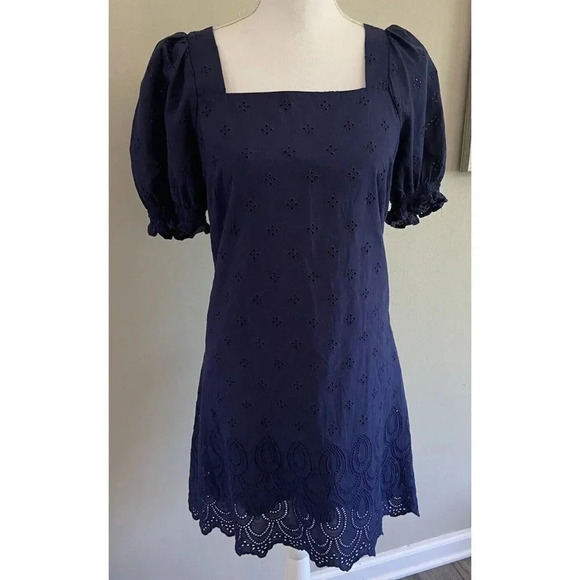 Draper James RSVP Dress Sheath Puff Sleeves Eyelet Lace Navy Blue Small S - Picture 1 of 4